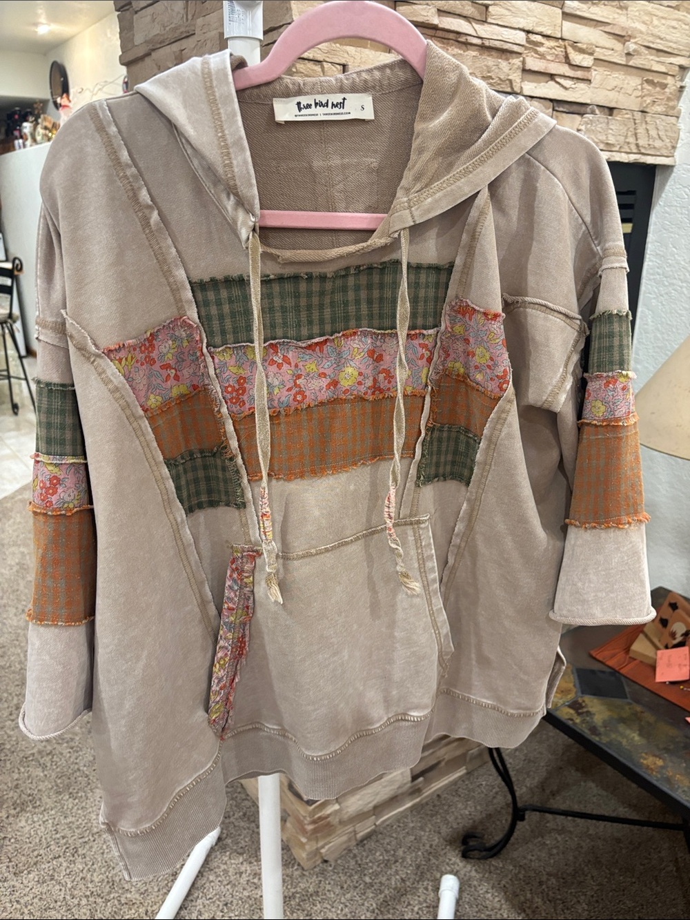 Three Bird Nest Beige Patchwork Hooded Pullover with Green and Orange Accents
